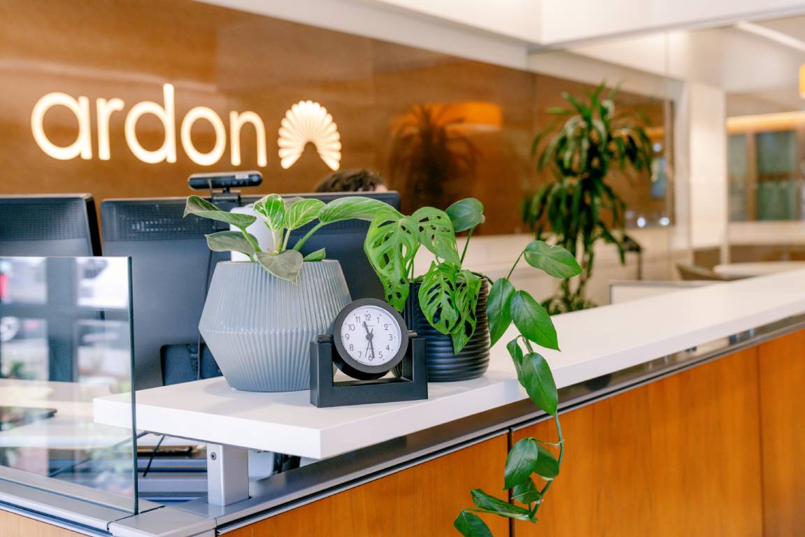 Modern reception desk with plants and “Ardon” sign